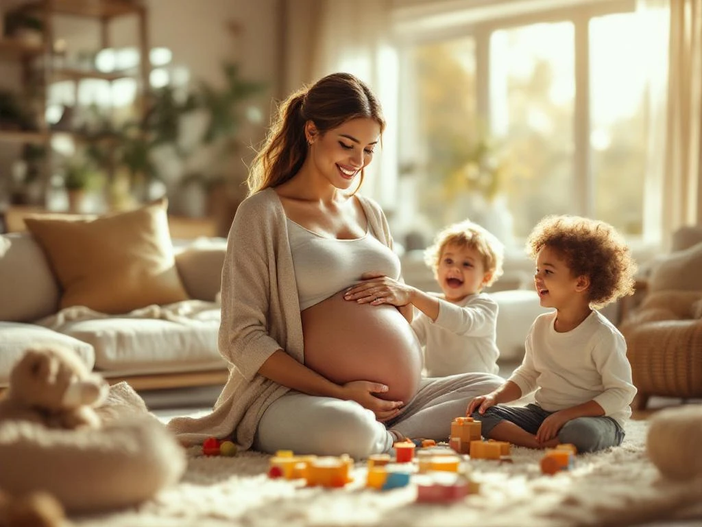 Pregnant mother smiling at camera with hand on belly while two children play around her in bright living room