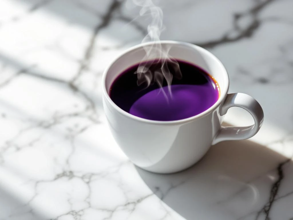 White ceramic coffee cup filled with purple coffee on marble surface with steam rising