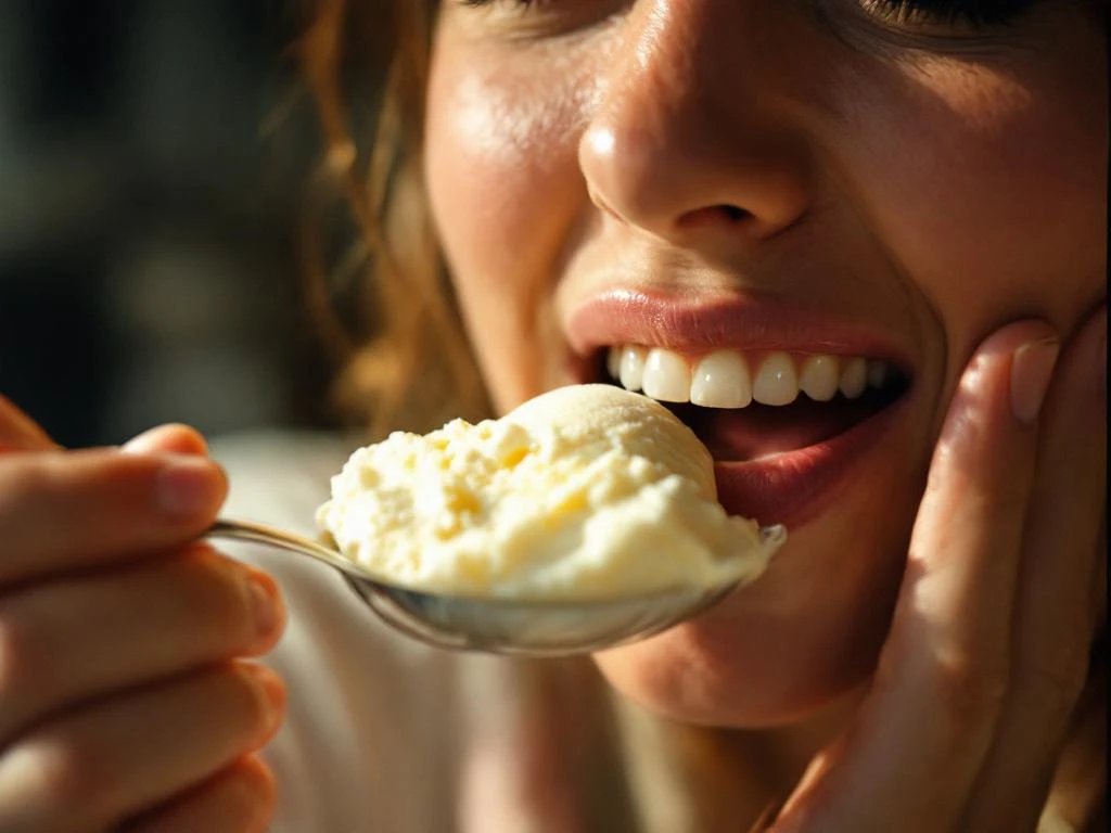 Person wincing while eating vanilla ice cream, touching cheek due to tooth sensitivity in warm kitchen lighting.