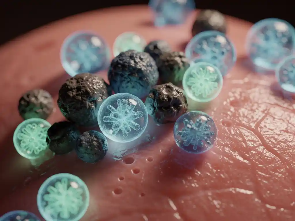 Spherical bacteria cells with blue-green bioluminescence scattered across pink gingival tissue under high-powered microscopy