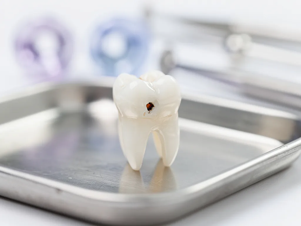 Single human tooth with dark cavity spot on white enamel surface positioned on dental examination tray under clinical lighting